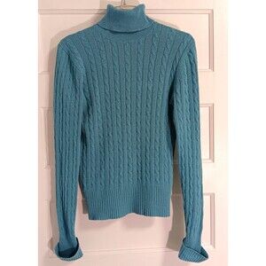 GAP Cable Knit Sweater Wn L Teal Fisherman Turtleneck Cotton Preppy Old Money